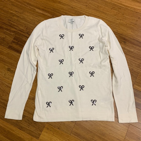 J. Crew Teddie Sweater Womens Size Small Bow Embellished Long Sleeve Ivory Cream - Picture 1 of 6